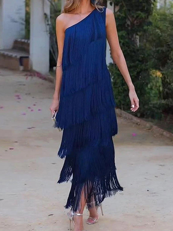 Loose Sleeveless Asymmetric Solid Color Split-Joint Tasseled One-Shoulder Maxi Dresses