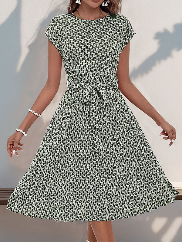 Loose Raglan Sleeve Printed Tied Waist Round-Neck Midi Dresses