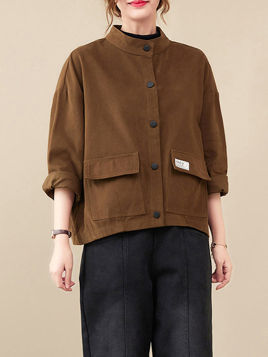 Vintage Long Sleeves Loose Buttoned Solid Color High-Neck Outerwear