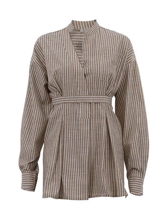 Loose Puff Sleeves Pleated Split-Toe Striped V-Neck Blouses&Shirts Tops