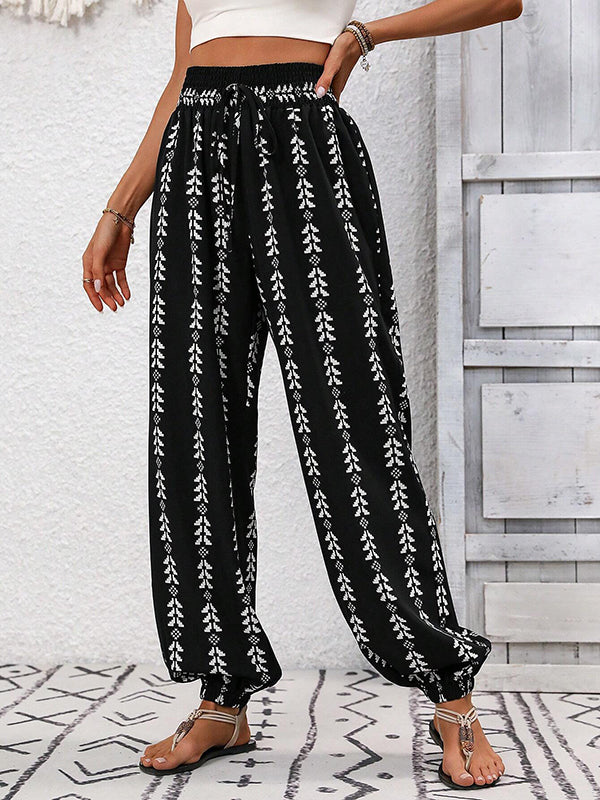 High Waisted Loose Drawstring Elasticity Pleated Printed Knickerbockers Pants Trousers
