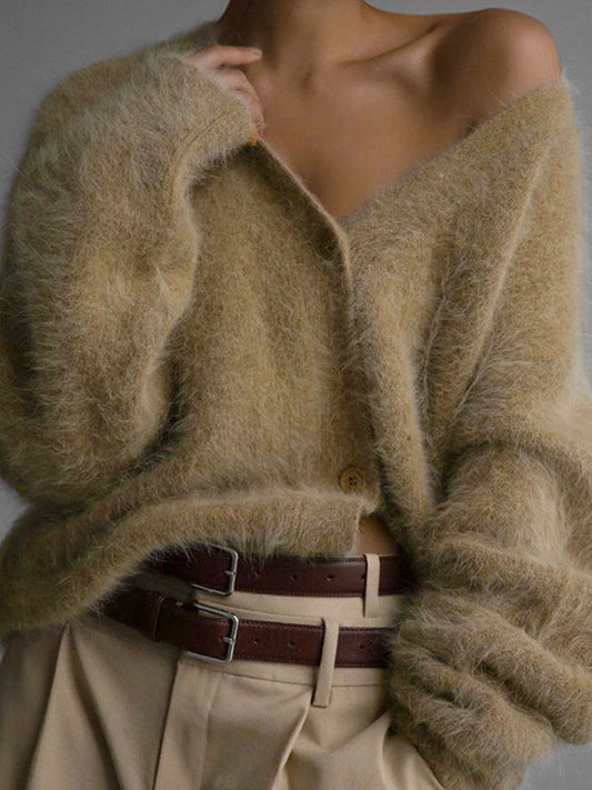 Long Sleeves Loose Buttoned Solid Color V-Neck Cardigan Tops