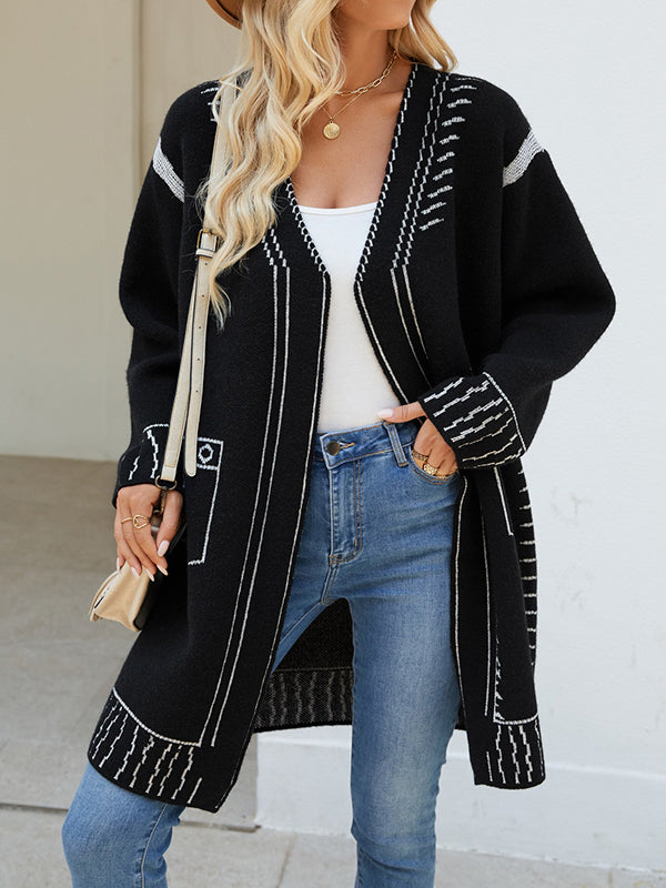 Long Sleeves Loose Jacquard Split-Joint V-Neck Cardigan Tops