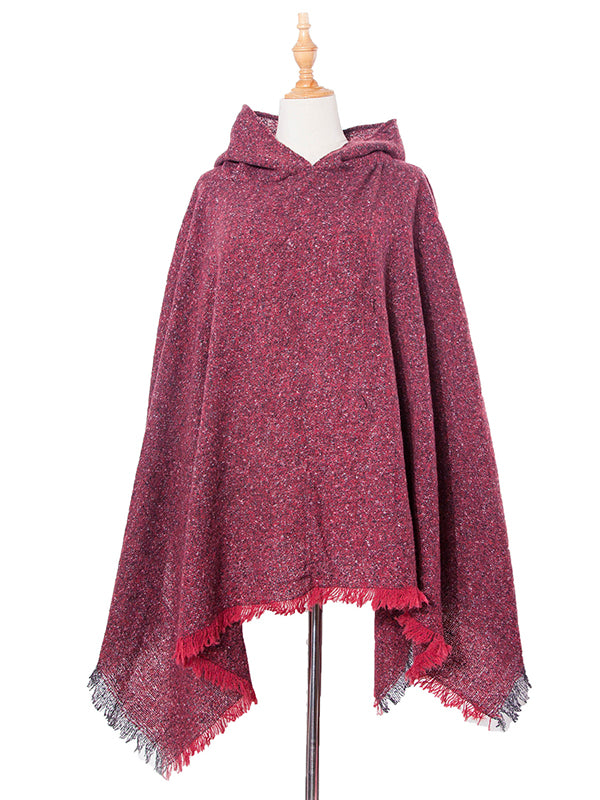 Fringed Hooded Keep Warm Solid Color Cape Shawl&Cloak
