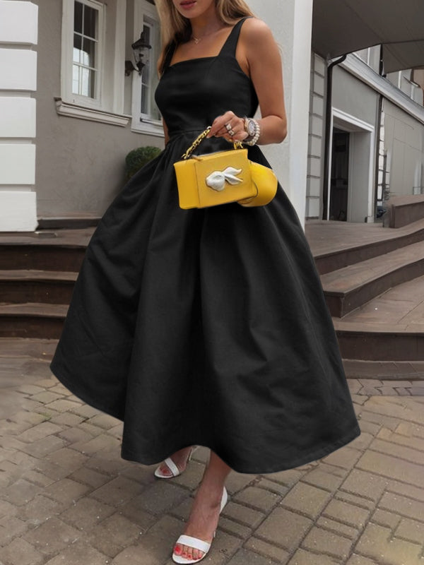 A-Line High Waisted Pleated Pockets Solid Color Spaghetti-Neck Midi Dresses