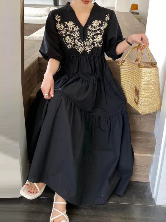 Bishop Sleeve Loose Embroidered Pleated V-Neck Midi Dresses