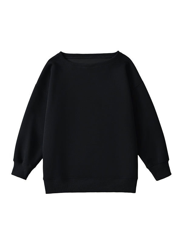 Long Sleeves Loose Solid Color Split-Joint Round-Neck Sweatshirt Tops