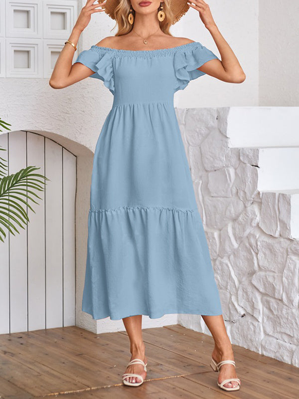 A-Line Loose Elasticity Pleated Ruffled Solid Color Split-Joint Off-The-Shoulder Midi Dresses