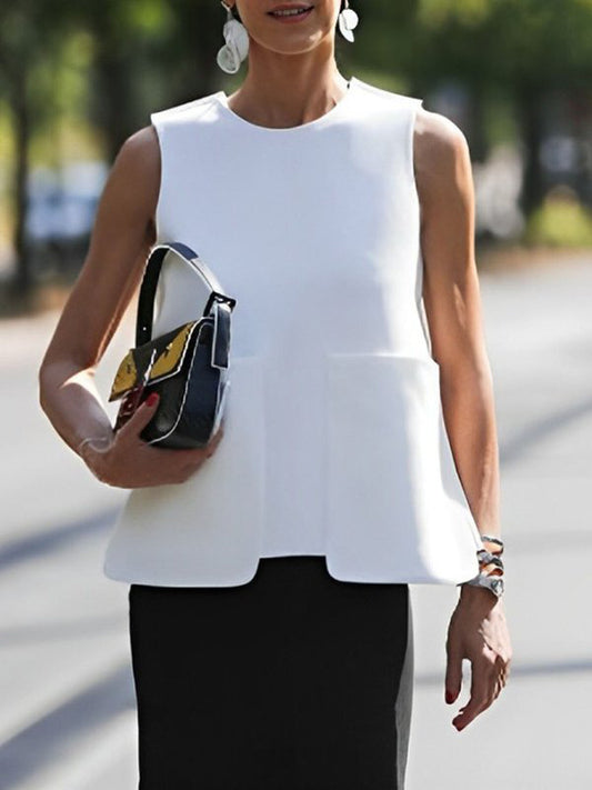 A-Line Loose Solid Color Split-Joint Round-Neck Vest Top