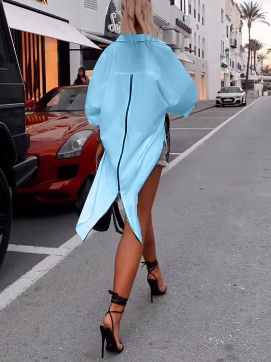 High-Low Long Sleeves Buttoned Solid Color Zipper Lapel Blouses&Shirts Tops