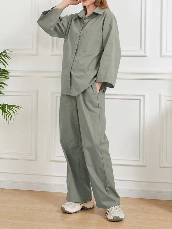 Loose Solid Color Split-Joint Long Sleeves Lapel Blouse + Pants Two Pieces Set