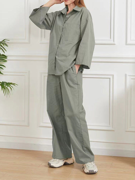 Loose Solid Color Split-Joint Long Sleeves Lapel Blouse + Pants Two Pieces Set