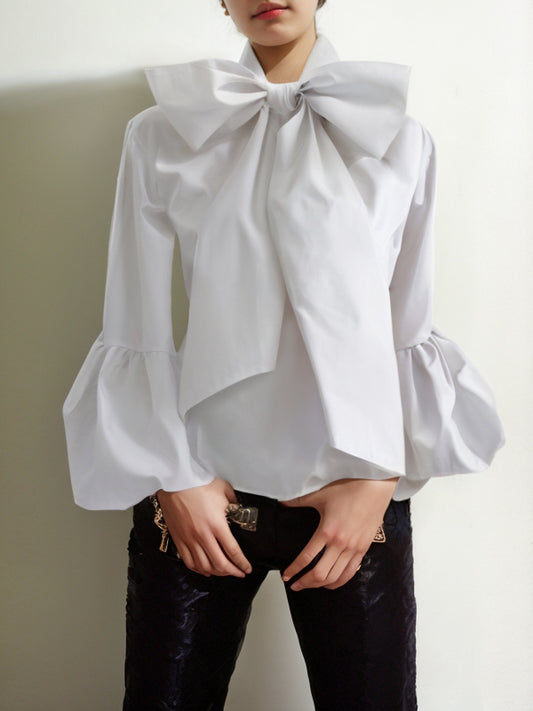 Loose Puff Sleeves Bowknot Solid Color Split-Joint Stand Collar Blouses&Shirts Tops