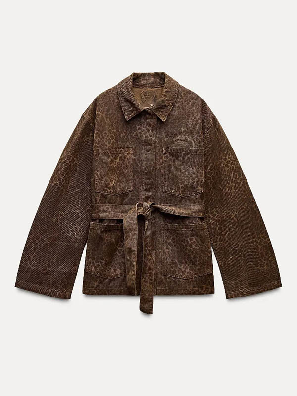 Long Sleeves Loose Leopard Tied Waist Blouses&Shirts Tops