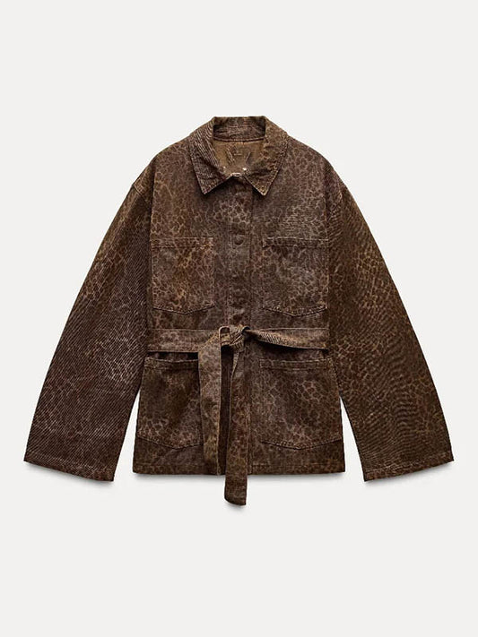 Long Sleeves Loose Leopard Tied Waist Blouses&Shirts Tops