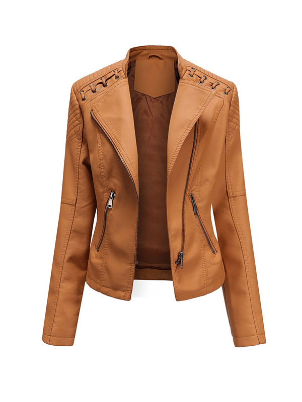 Long Sleeves Split-Joint Zipper Mock Neck PU Jackets Outerwear