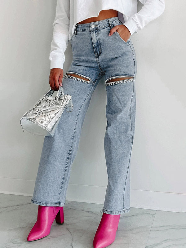 High Waisted Straight Leg Ripped Split-Joint Jean Pants Bottoms