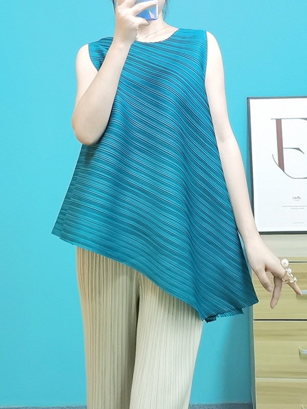 Irregular Clipping Loose Pleated Solid Color Round-Neck Vest Top