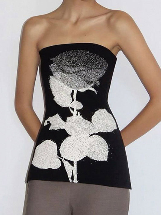 Skinny Sleeveless Contrast Color Flower Print Split-Side Tube Vest Top