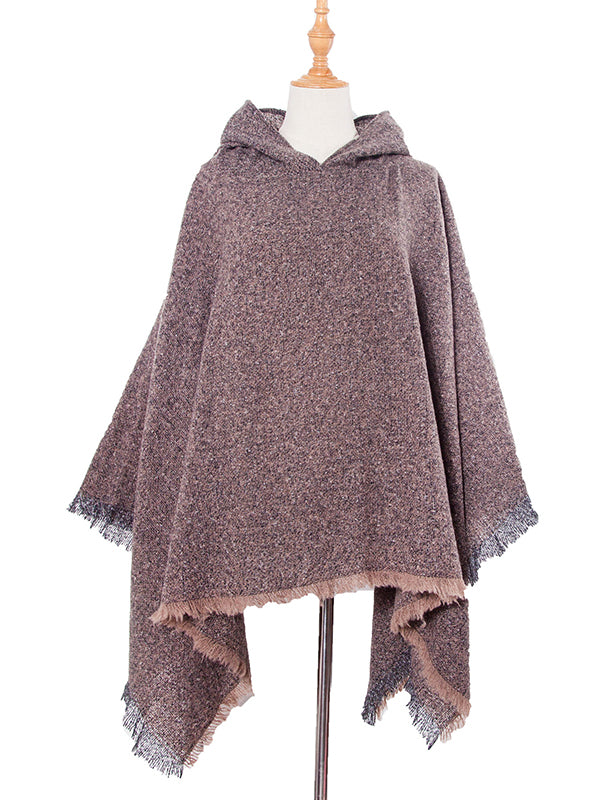 Fringed Hooded Keep Warm Solid Color Cape Shawl&Cloak