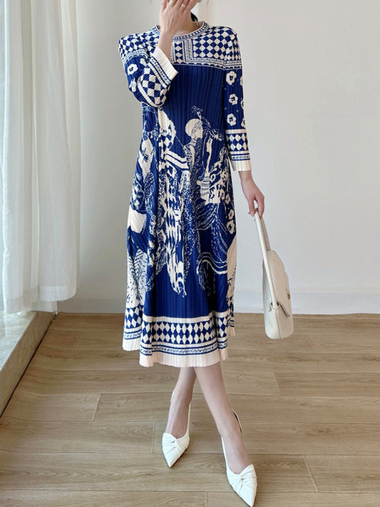 A-Line Loose Pleated Printed Round-Neck Midi Dresses