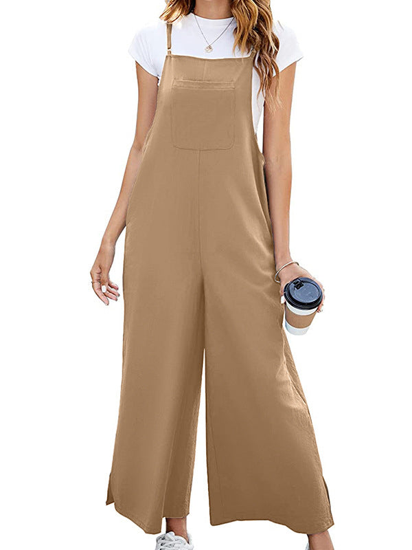 Loose Ninth Pants Pockets Solid Color Split-Side Spaghetti-Neck Overalls
