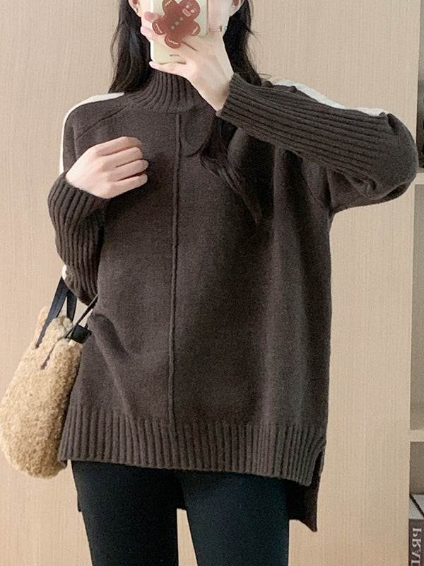 High-Low Long Sleeves Contrast Color Split-Joint Split-Side High Neck Pullovers Sweater Tops