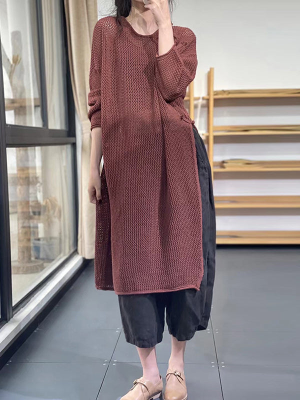 Long Sleeves Loose Asymmetric Hollow Split-side Round-neck Sweater Tops