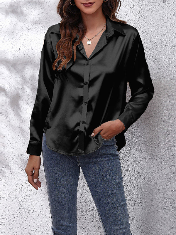 Long Sleeves Loose Solid Color Lapel Blouses&Shirts Tops