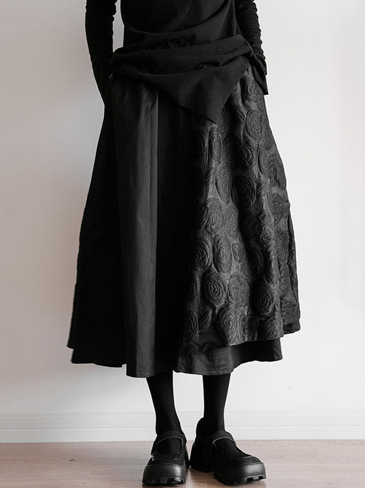A-Line Loose Double Layered Elasticity Jacquard Solid Color Split-Joint Skirts Bottoms
