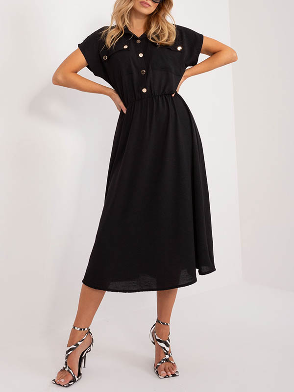 A-Line High Waisted Buttoned Pleated Solid Color Lapel Midi Dresses