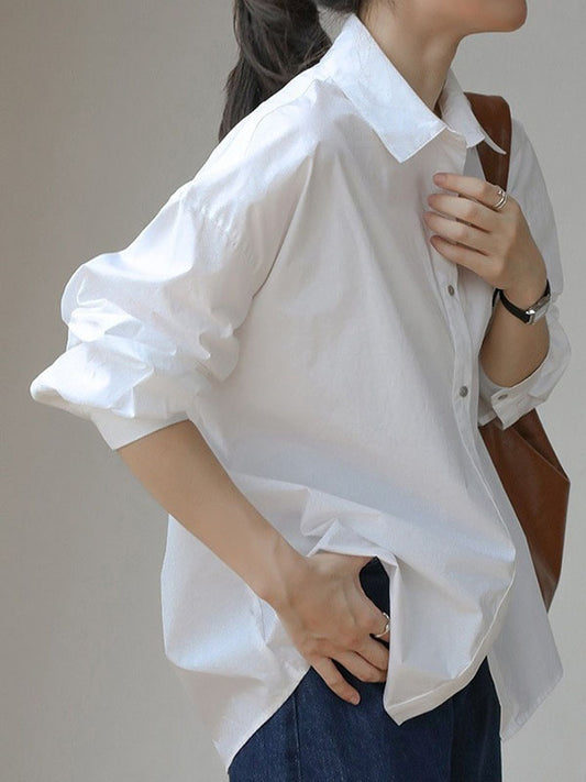 Long Sleeves Loose Buttoned Solid Color Lapel Blouses&Shirts Tops