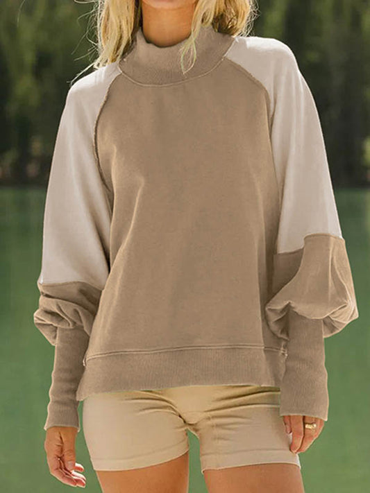 Long Sleeves Loose Contrast Color Pleated Split-Joint Round-Neck Sweatshirt Tops