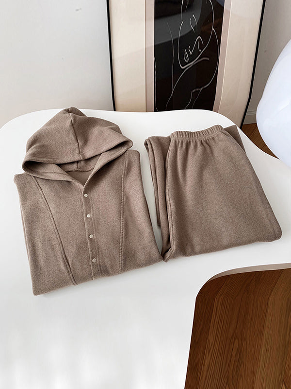 Loose Long Sleeves Split-Joint Hoodies + Elasticity Solid Color Pants Trousers Two Pieces Set
