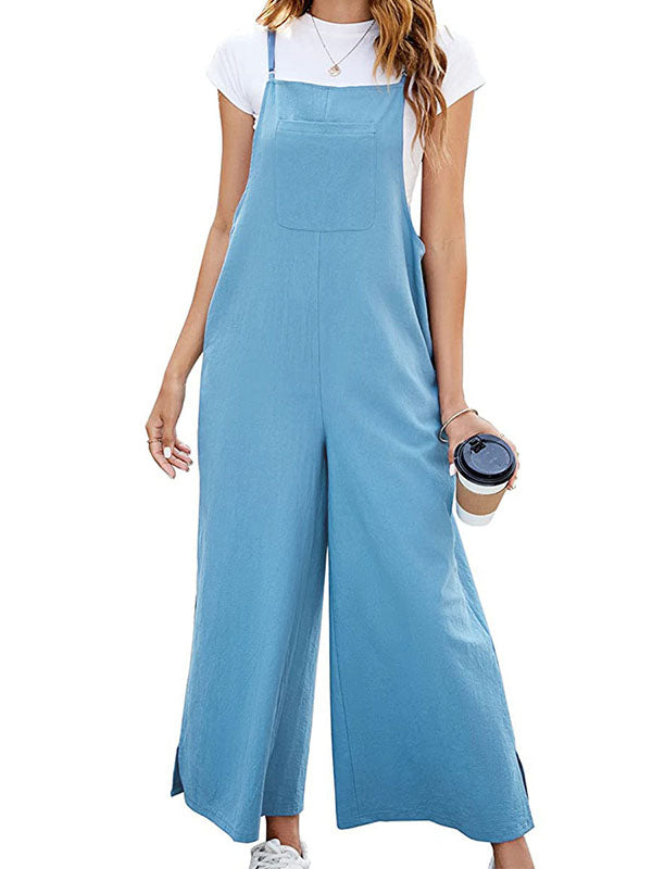 Loose Ninth Pants Pockets Solid Color Split-Side Spaghetti-Neck Overalls