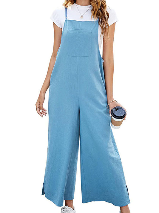 Loose Ninth Pants Pockets Solid Color Split-Side Spaghetti-Neck Overalls