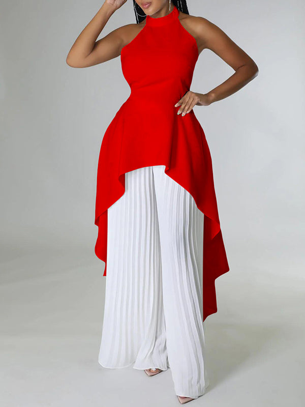 High-Low Loose Backless Lacy Solid Color Halter-Neck Suits