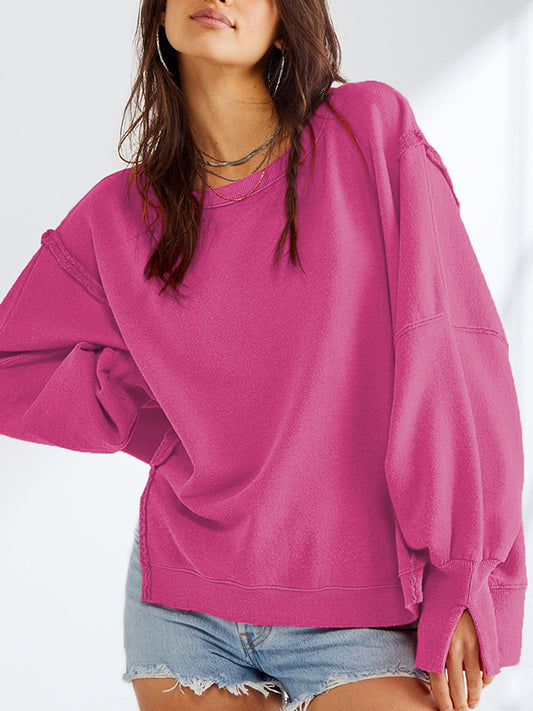 Long Sleeves Loose Fringed Solid Color Split-Joint Split-Side Round-Neck Sweatershirt