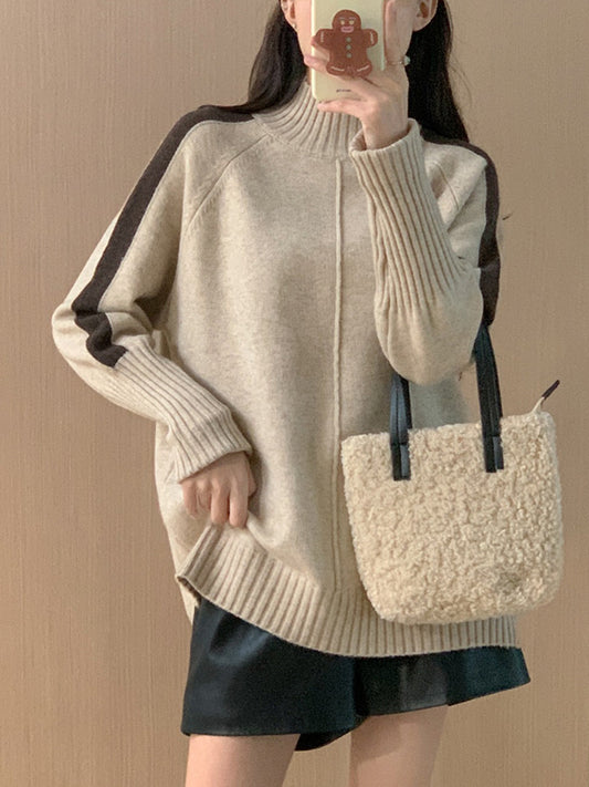 High-Low Long Sleeves Contrast Color Split-Joint Split-Side High Neck Pullovers Sweater Tops