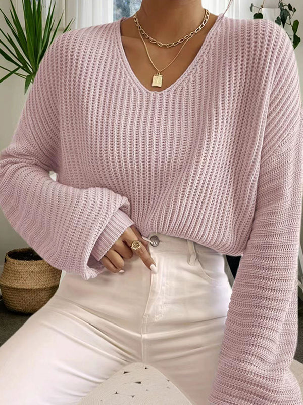 Long Sleeves Loose Solid Color Split-Joint V-Neck Pullovers Sweater Tops
