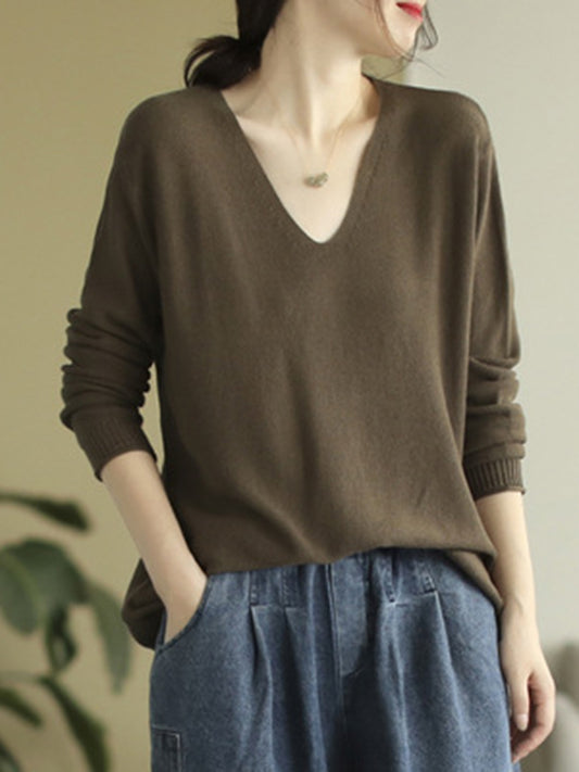 Long Sleeves Loose Solid Color V-Neck Sweater Tops