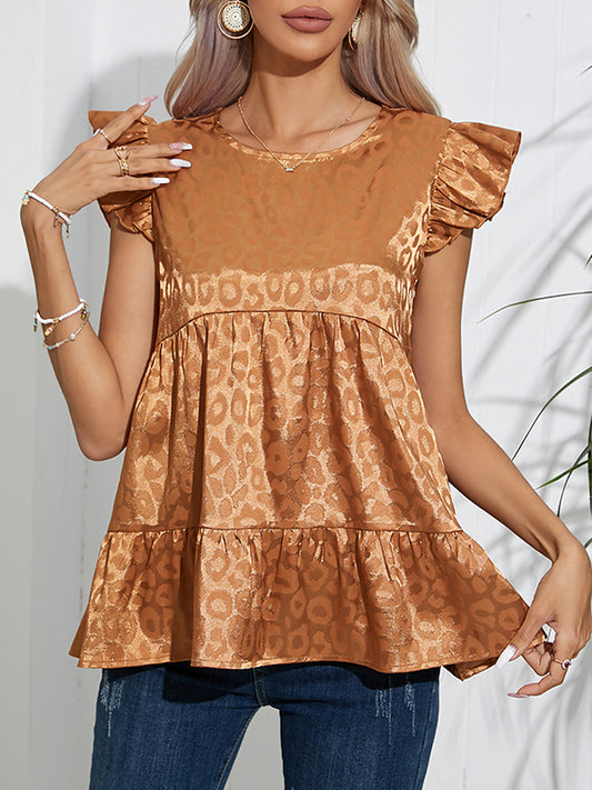 Loose Plus Size Jacquard Leopard Pleated Split-Joint Round-Neck Vest Top