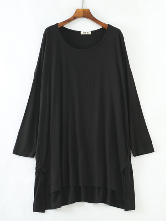 Solid Color Modal Plus Size High-Low Long Sleeve Pajamas Dress