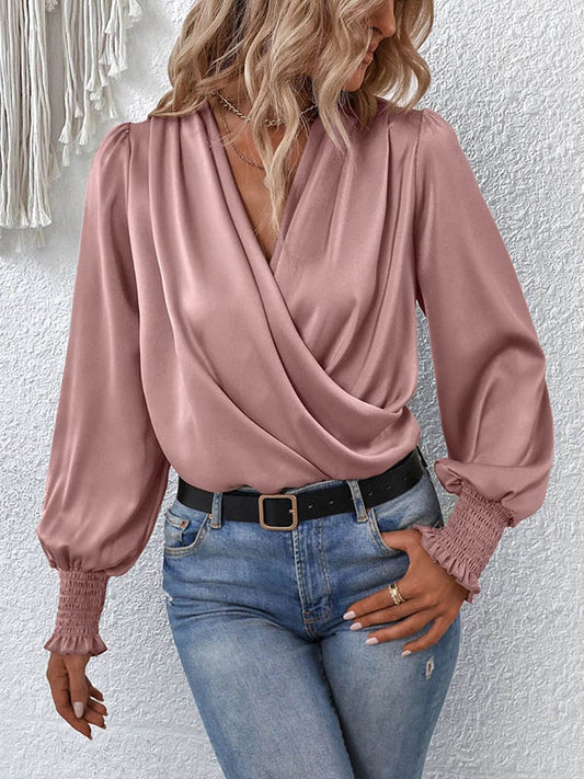 Long Sleeves Loose Elasticity Solid Color V-Neck Blouses&Shirts Tops