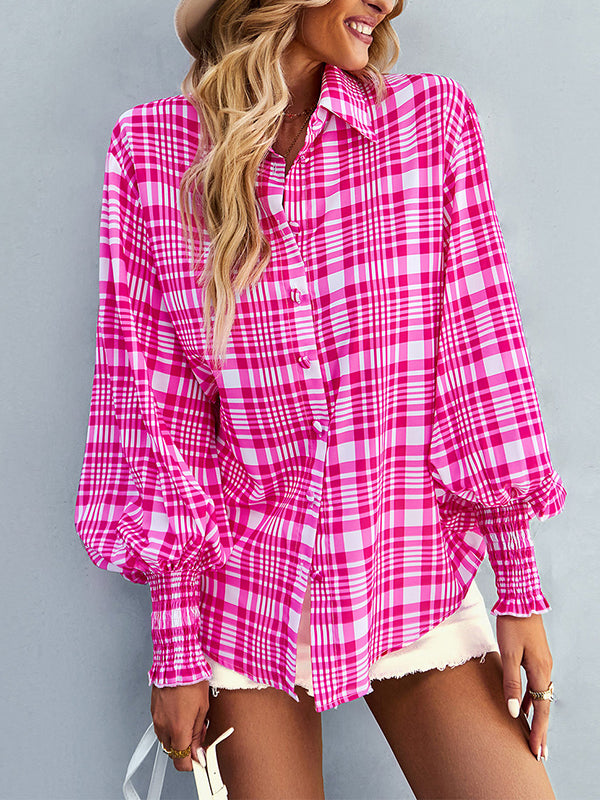 Long Sleeves Loose Buttoned Contrast Color Elasticity Plaid Lapel Blouses&Shirts Tops