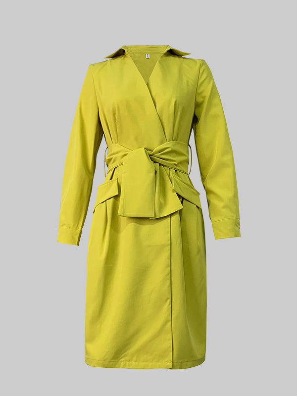 Long Sleeves Solid Color Tied Waist Deep V-Neck Mini Dresses