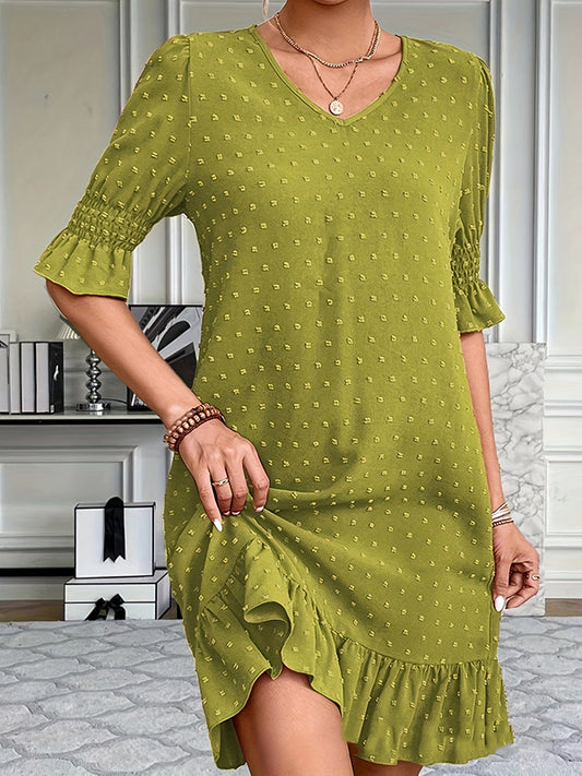 A-Line Flared Sleeves Elasticity Jacquard Pleated Solid Color Split-Joint V-Neck Mini Dresses