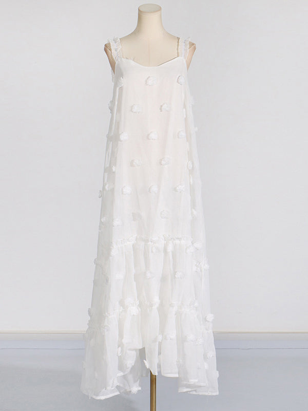 A-Line High Waisted Layered Pleated Split-Joint Three-Dimensional Flower Spaghetti-Neck Maxi Dresses