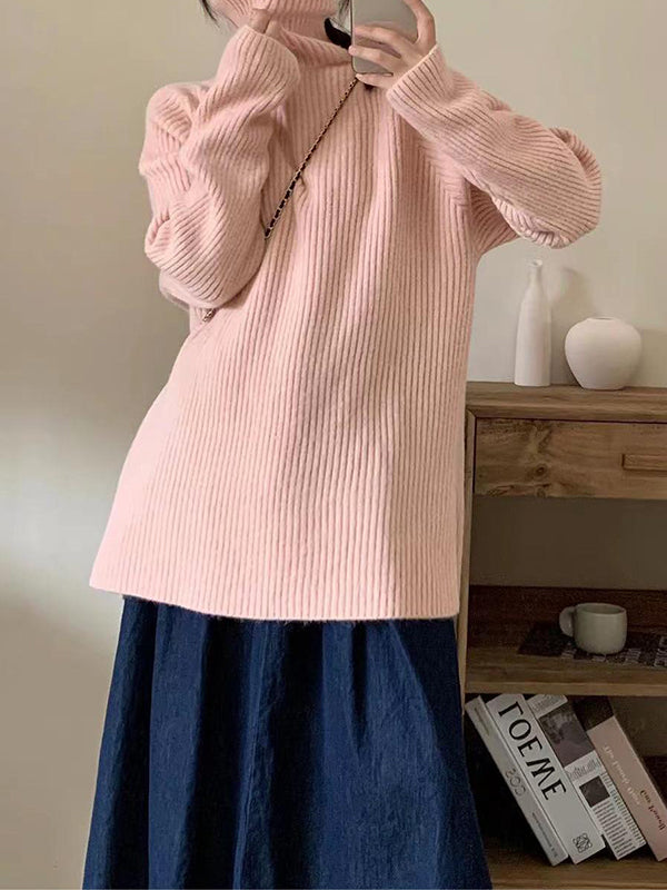 Long Sleeves Loose Solid Color Split-Joint Split-Side High Neck Sweater