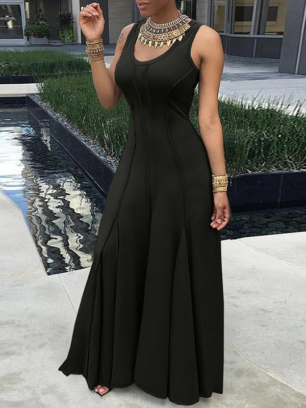 Plus Size Sleeveless Solid Color Split-Joint U-Neck Maxi Dresses